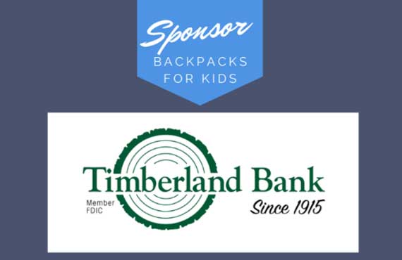 Timberland Bank logo with a tag reading 'sponsor backpacks for kids' overlaid