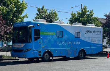 The Bloodworks mobile blood bus at the Timberland branch in Hoquiam.