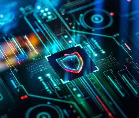 Cyber and crypto security shield on futuristic screen technology background.